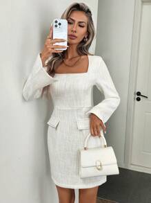 SHEIN Clasi Vestido corto elegante de mujer de calidad sólida con cuello de solapa de boucle - Blanco - Ver 5