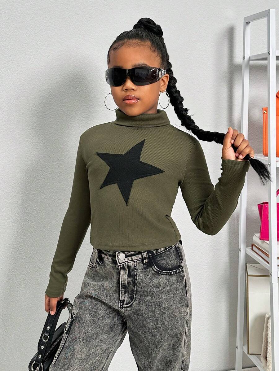 SHEIN Tween Girls Fitted Ribbed Knit Turtleneck Long Sleeve Active Top - Army Green - View 1