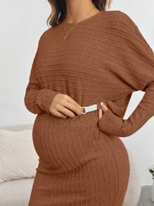 SHEIN 孕妇两件套，长袖上衣搭配修身半身裙，腰部可调节，适合秋冬季穿着 - 鏽棕色 - 查看 6