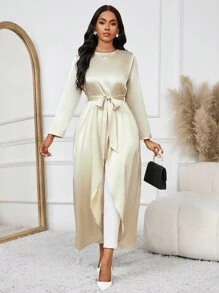 SHEIN Lady Blusa de cuello redondo de manga larga en beige con lazo a la cintura, abertura frontal y bajo con volantes, top de mujer de otoño