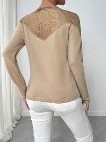 Chiquease 女士蕾丝拼布长袖仿珍珠装饰休闲套头衫 - 杏色 - 查看 2