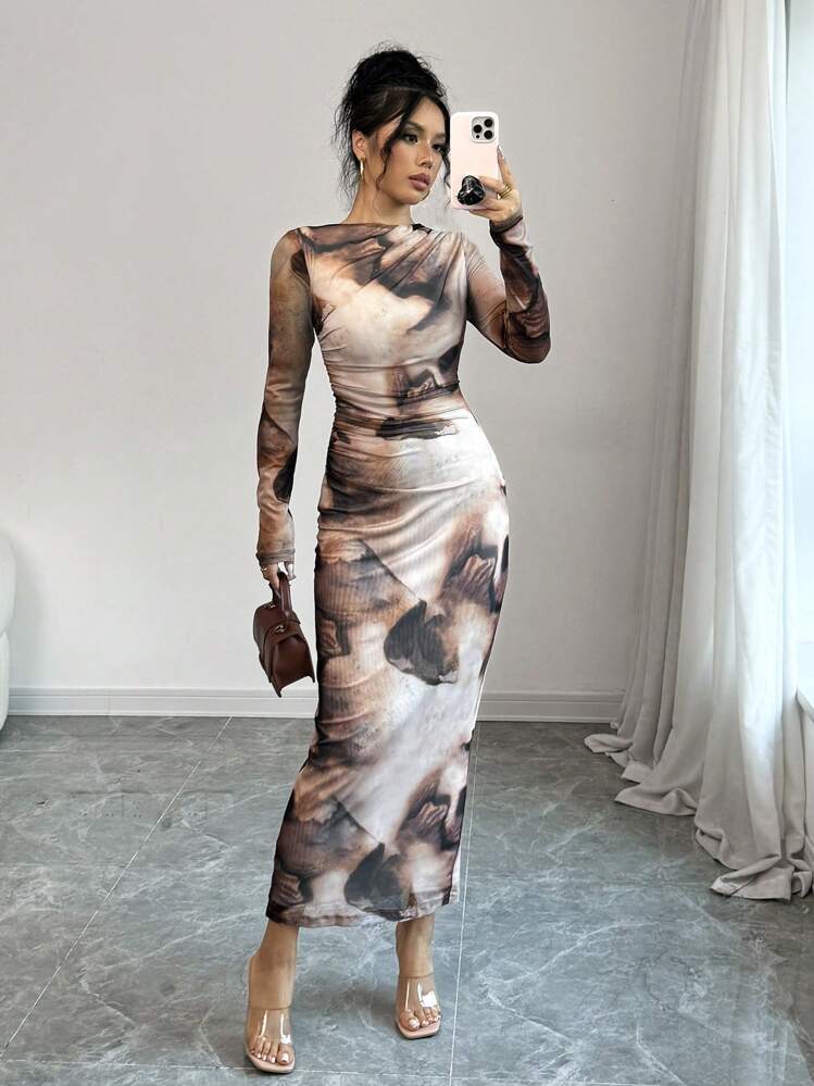 Firerie Women's Tie Dye Printed Long Sleeve Long Maxi Bodycon Elegant Dress - Brown - View 1