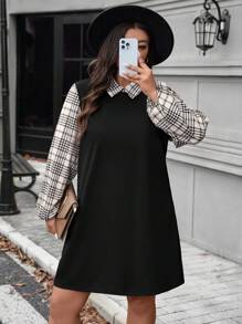 SHEIN LUNE Plus Size Women's Black Fuzzy Ribbed Splice Sleeve White Solid Shirt Collar Design Long Sleeve Dress, Autumn/Winter Dress
