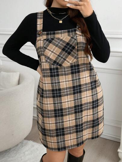 SHEIN LUNE Plus Size Loose Strap Button Pocket Plaid Casual Mini Dress Plus Size Fall Clothes Dresses For Women