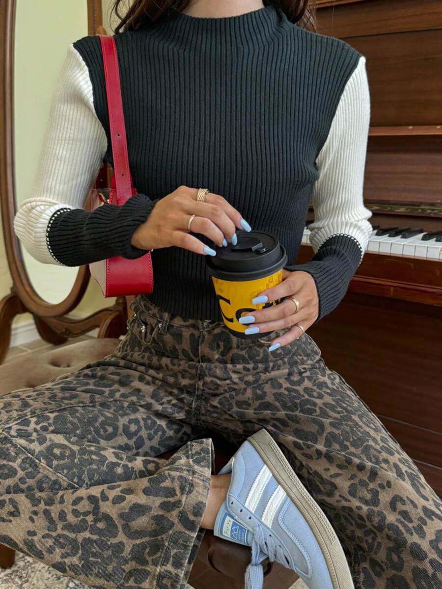 Chiquease Women Solid Color Patchwork Stand Collar Long Sleeve Casual Pullover Sweater Knit Pullover Fall Winter Outfit - Dark Green - View 1