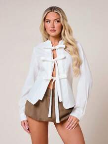 SHEIN SXY Cold Fall Winter Clothes Front Tie Bow Detail Long Sleeve Cinched Waist Shirt - White - View 1