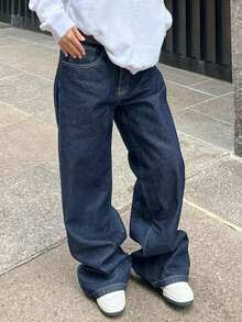 Y2K Vintage High Waist Wide Leg Jeans With Pockets, Lightweight And Breathable, Suitable For Spring And Summer - Blue - View 3