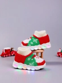 Calcetines de Navidad para bebés con función de luz, botas de caña media forradas con aislante térmico grueso, cálidos