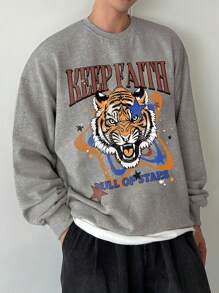 DAZY Men's Casual Tiger & Letter Print Crew Neck Long Sleeve Pullover Sweatshirt - Grey - View 9