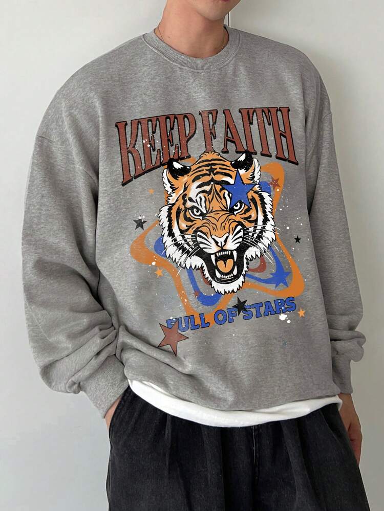 Men's Casual Tiger & Letter Print Crew Neck Long Sleeve Pullover Sweatshirt