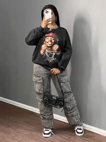 Slaydiva Áo nỉ lót nhiệt cổ tròn tay dài giản dị đường phố mùa thu đông mới trễ vai rộng rãi in logo khẩu hiệu cho nam - màu đen - Xem 3