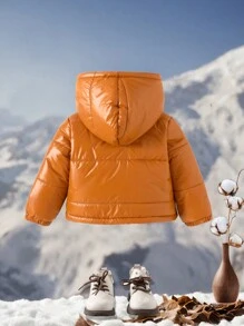 Abrigo acolchado con capucha y cierre de cremallera de unicolor casual para bebé niña, de invierno - Marrón - Ver 2