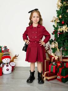 SHEIN Váy trẻ em gái cổ điển và thanh lịch với thiết kế áo sơ mi cài hai hàng khuy, quần áo mùa thu và mùa đông, phong cách kỳ nghỉ, phong cách học sinh giản dị, phù hợp cho mùa thu/đông, tuyệt vời để mặc thường ngày và hàng ngày & đến trường hàng ngày vào mùa thu và mùa đông, cho Giáng sinh, quần áo mùa đông cho bé gái, quần áo Giáng sinh, trang phục dự tiệc, trang phục hàng ngày đến trường hàng ngày, quần áo sinh nhật, quần áo công chúa, đồ đôi cho mẹ và con gái & chị em gái, - Màu Đỏ Sâu - Xem 3