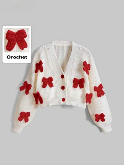 Kawaii Cardigan a maglia con fiocco 3D rosso per San Valentino/Ognissanti, carino e femminile, top a maniche lunghe per donna