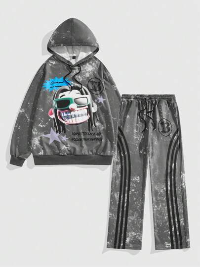 Street Life 2 قطعة بدلة رياضية رجالية تتكون من هودي كاجوال بأكمام طويلة مطبوع عليه رسوم وبنطال