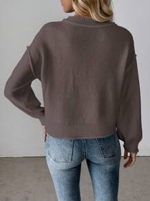 SHEIN LUNE Áo len dài tay cổ tròn tua rua túi trơn màu mới cho nữ, phong cách thường ngày, mùa thu - Cà phê nâu - Xem 2