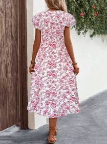 Breezaya Vestido casual de mujer con cuello en V, manga corta y estampado floral