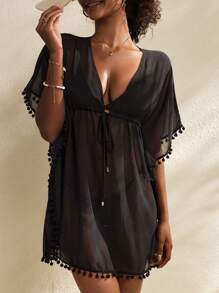 SHEIN Swim Vestido de playa de verano para mujer de unicolor con nudo delantero y decoración de pompones