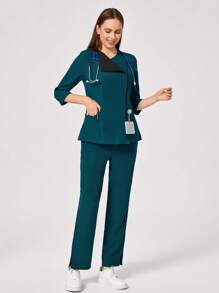 TaskEZ Women Contrast Color Trim With Pocket Top And Pants Pocket Front Zip Fitted Jacket Solid Long Sleeve Top & Pocketed Pants Healthcare Uniform Scrub Set - White - View 5