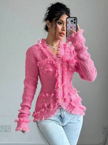 Elenzga Áo len cardigan thường ngày cho nữ có nút phía trước và viền tua rua, mùa thu/đông - Màu Hồng Tươi - Xem 3
