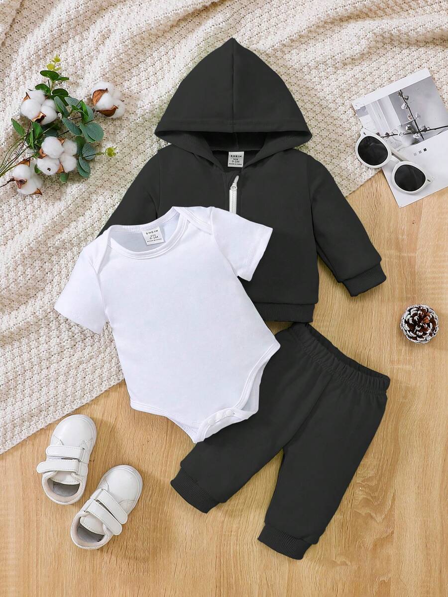 SHEIN 3pcs/Set Newborn Baby Casual All-Match Short Sleeve Romper, Hooded Jacket And Pants Outfit Set, Suitable For Spring, Summer, Autumn And Winter