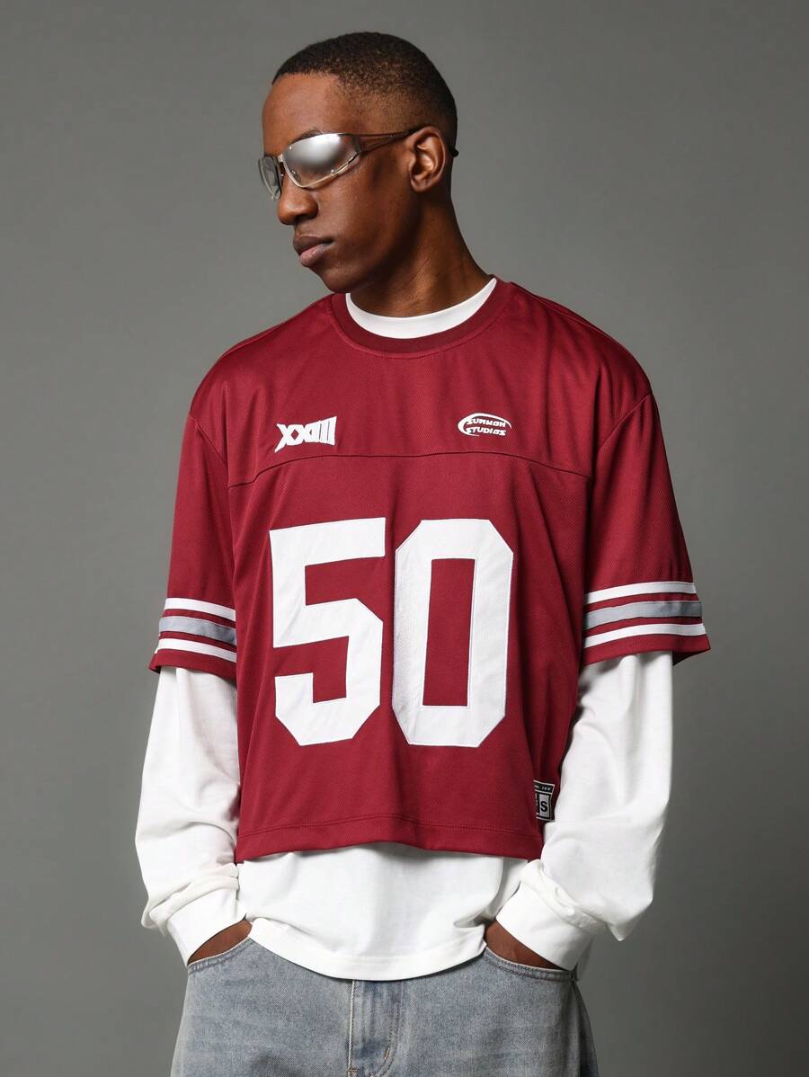SUMWON Vintage Style American Football Jersey Retro Athletic Tee Shirt Short Sleeve Game Day Varsity Sportswear Number 50 Casual Throwback Design Fall Winter Collection - Red - View 1