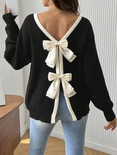 SHEIN Maternity Plain Color Patchwork Bow Decor Long Sleeve Casual Sweater