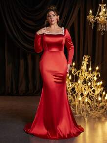 Glamrae Vestido de noche formal de talla grande, elegante y lujoso, con escote cuadrado sexy, top con bordado de cadena, copa del busto de satén, falda con cola de pez y caída