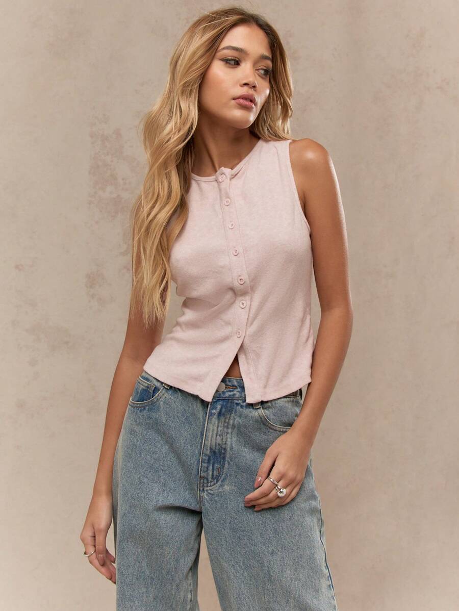 MISSGUIDED 无袖纽扣式亨利背心罗纹夏季休闲修身短款上衣分层基本款修身背心 - 淺粉色 - 查看 1