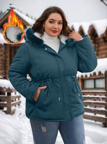 SHEIN Essnce Plus Size Solid Color Front Zipper Long Sleeve Pocket Casual Hooded Coat