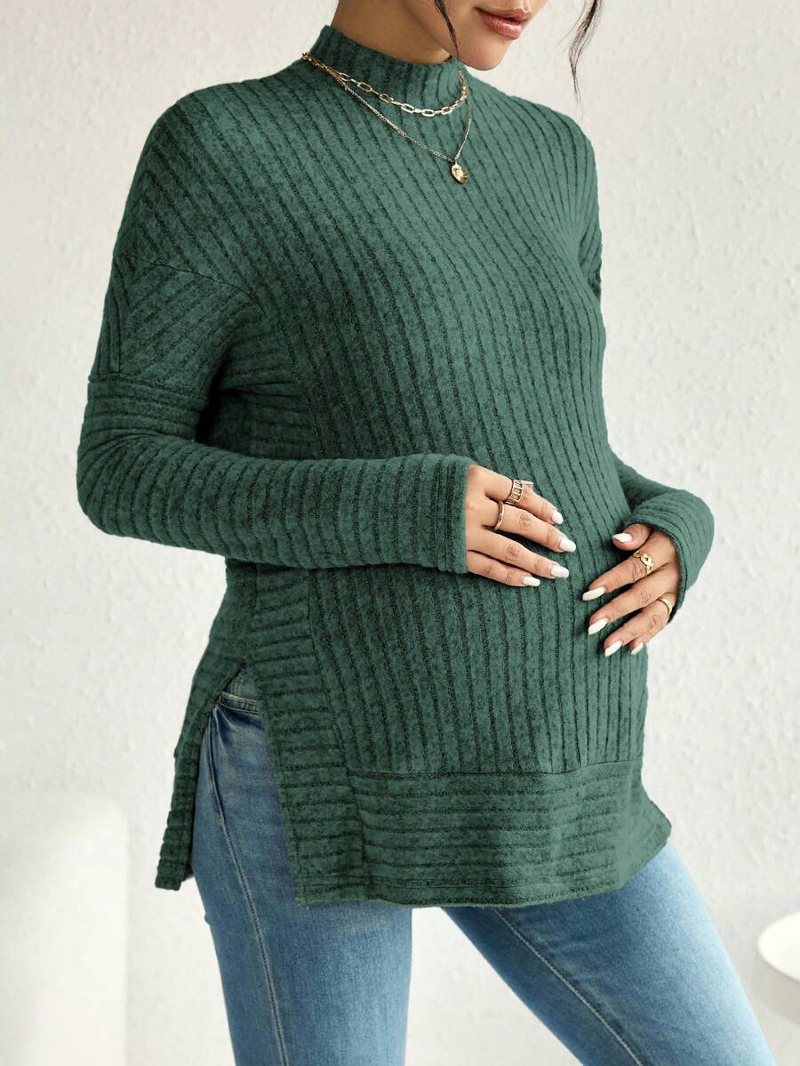SHEIN Pregnant Women Plain Stand Collar Long Sleeve Split Hem Minimalist Top, Casual Everyday Wear, For Maternity