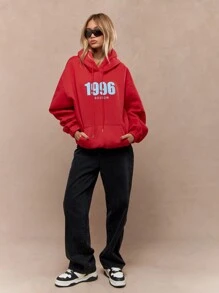 MISSGUIDED 经典学院风波士顿冬季卫衣抽绳连帽抓绒袋鼠口袋运动休闲服饰大学校友青年街头服饰圣诞节 - 紅色 - 查看 5