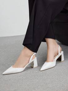 CUCCOO BIZCHIC Apricot Color Mirror Surface Women's Chunky Heel Pumps - White - View 5