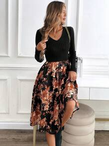 SHEIN Clasi 女士秋冬 V 领花卉印花长袖优雅连衣裙，百搭 - 黑色 - 查看 3