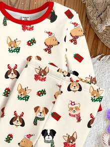 SHEIN Leap Crew 圣诞快乐，可爱小狗图案休闲舒适长袖上衣和长裤，贴身女婴家居服，适合秋冬季 - 彩色 - 查看 4