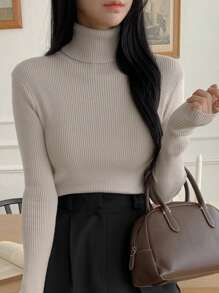 DAZY Áo len chui đầu cổ cao ôm vừa vặn màu trơn dành cho nữ, trang phục thường ngày thu/đông, mùa thu cho nữ - Màu Xám nhạt - Xem 1