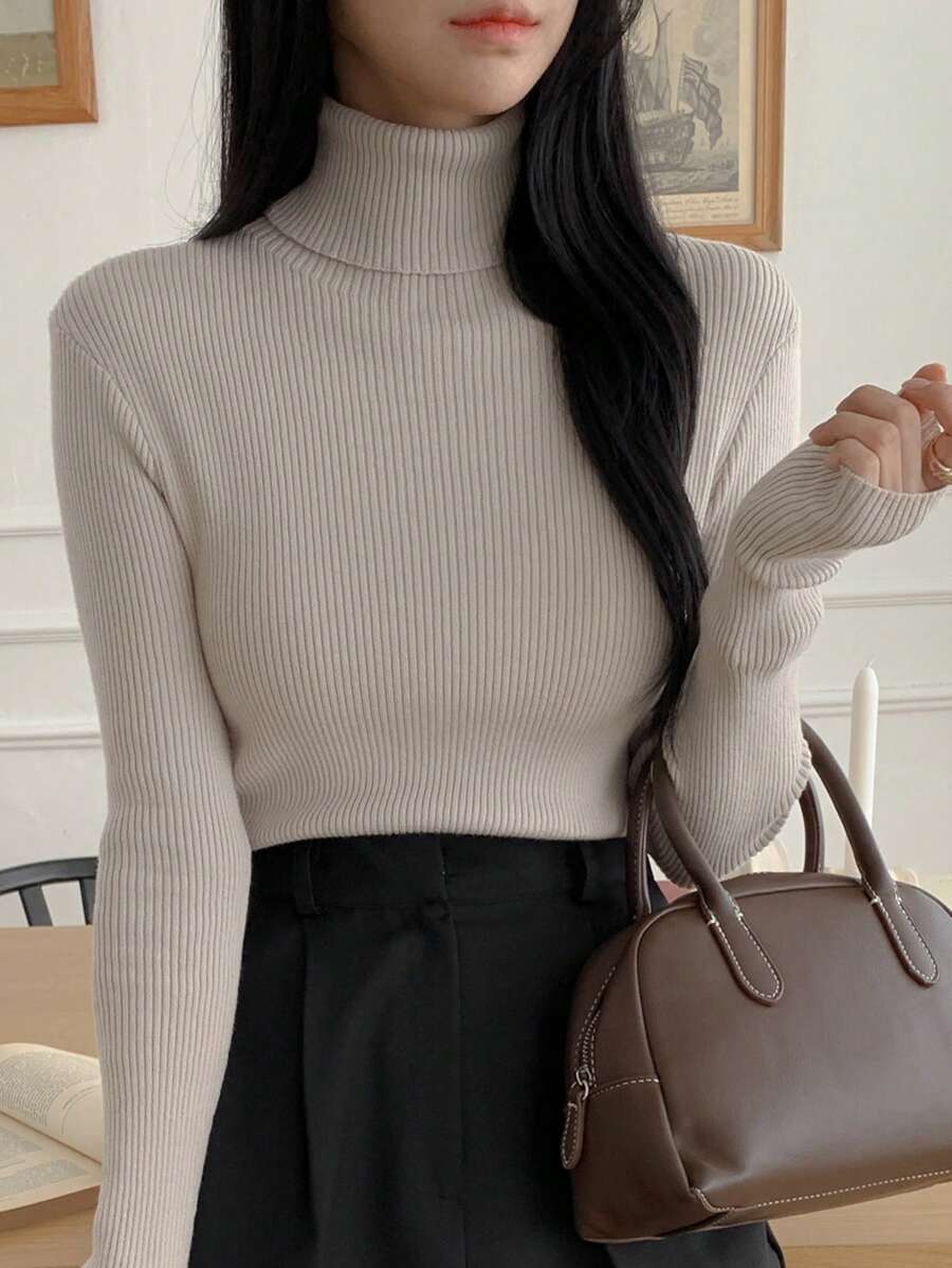 DAZY Áo len chui đầu cổ cao ôm vừa vặn màu trơn dành cho nữ, trang phục thường ngày thu/đông, mùa thu cho nữ - Màu Xám nhạt - Xem 1