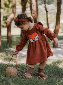 SHEIN Baby Mädchen Kleid mit Cartoon Muster, Herbst/Winter - Kaffeebraun - Übersicht 8