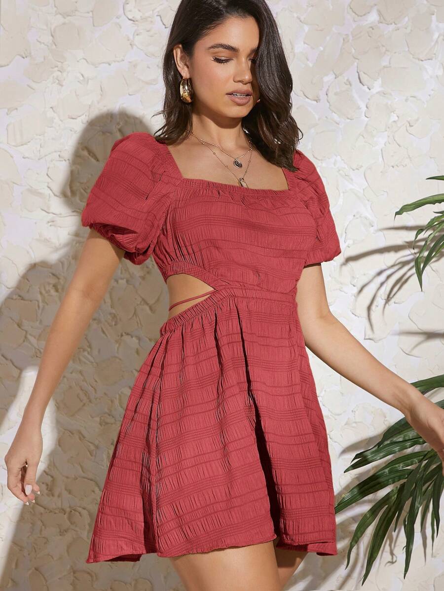 Travachic Đầm ngắn tay khoét sâu màu trơn đơn giản cho nữ - Màu đỏ tím - Xem 1