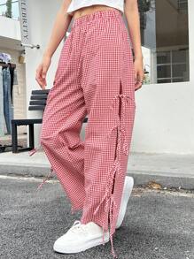 INAWLY Women's Elastic Waist Plaid Side Tie Loose Casual Wide Leg Pants