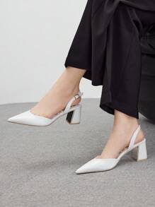 CUCCOO BIZCHIC Apricot Color Mirror Surface Women's Chunky Heel Pumps - White - View 4