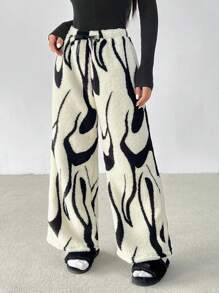 SHEIN PETITE Pantalones anchos y sueltos de pierna ancha con cintura de lazo y estampado de cebra casuales para mujer