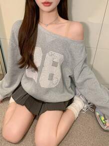 DAZY Women's Oblique Shoulder Long Sleeve Numeric Print Minimalist Sweatshirt, Casual For Daily Wear,Fall Clothes - Grey - View 10