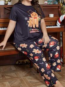 Plus Size Christmas Element Pattern Print Crew Neck Short Sleeve Top & Pants Pajama Set Gingerbread Pajamas - Black - View 8