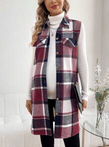 SHEIN Jaket Tanpa Lengan Kasual Kancing Depan Motif Kotak-kotak untuk Wanita Hamil, Untuk Ibu Hamil - Redwood - View 4