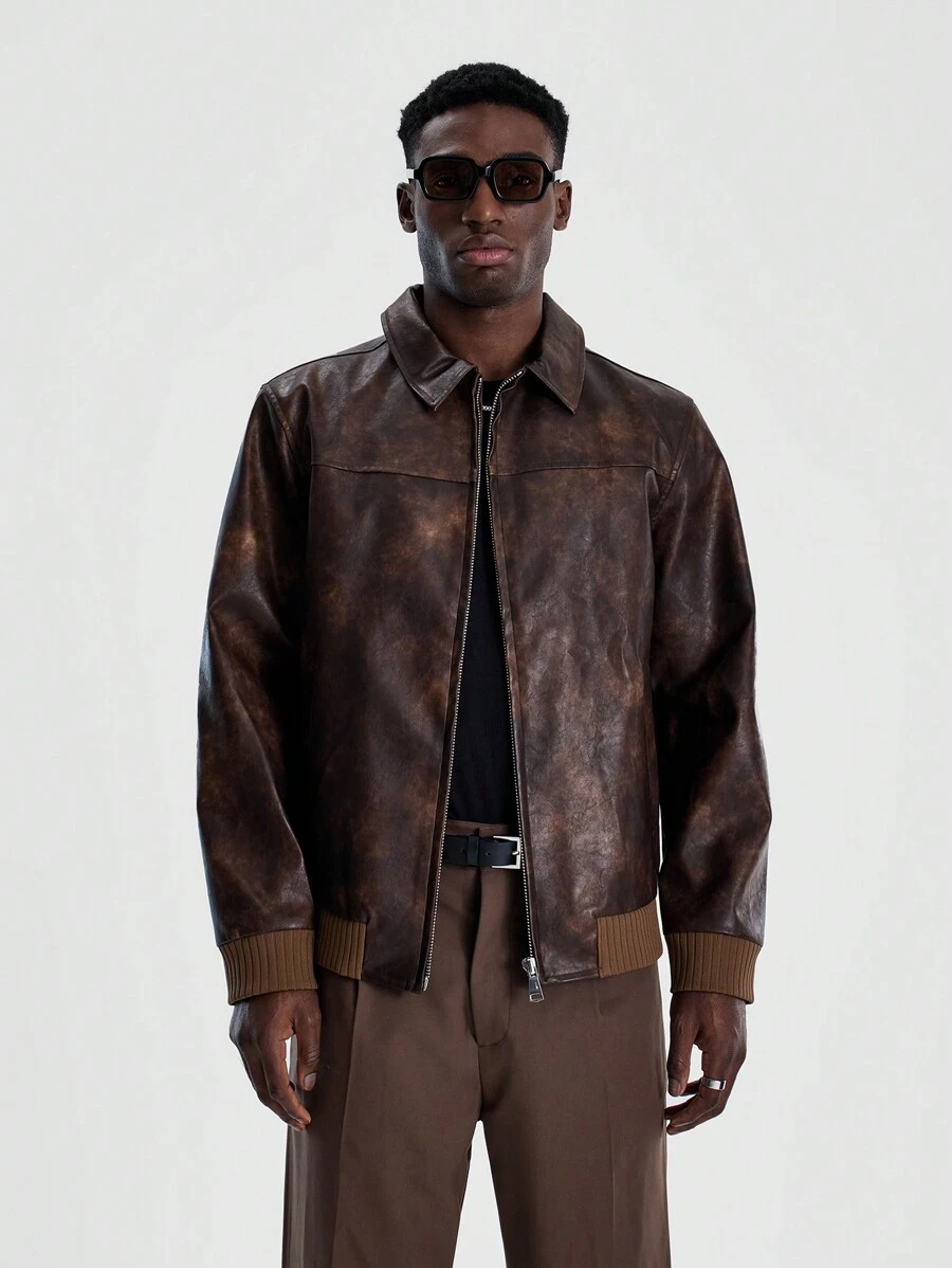 Musero Men PU Oversized Zip Through Ribbed Fabric Cuffs Leather Jacket Autumn Winter Essentials Outerwear