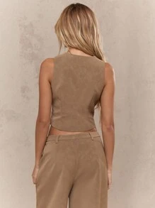 MISSGUIDED Designer Suede Button Up Vest Waistcoat Fitted Business Professional Office Sleeveless Outerwear Fall Winter Modern Classic Crop Top Tailored - Brown - View 2