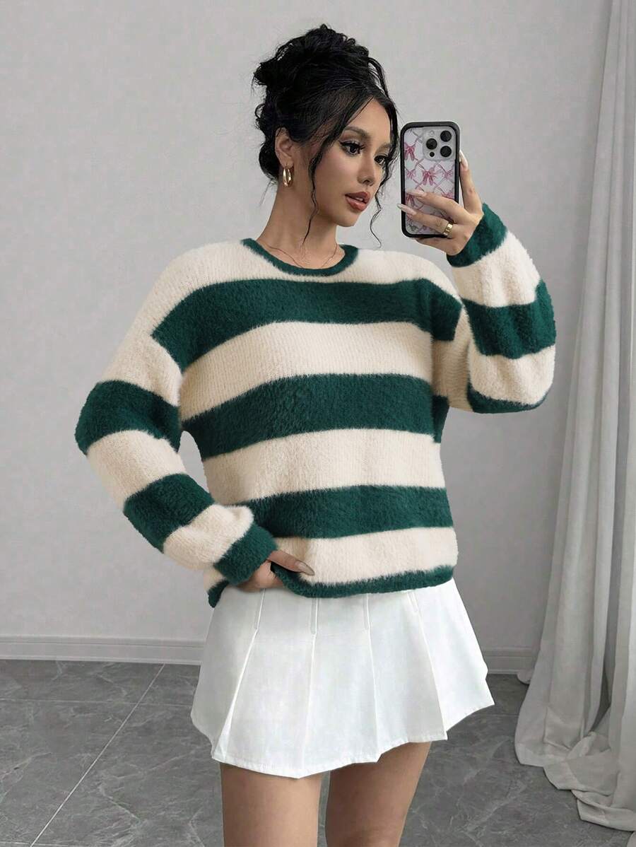 Chiquease 女士条纹图案圆领落肩长袖休闲套头毛衣，秋冬季针织衫 - 彩色 - 查看 1