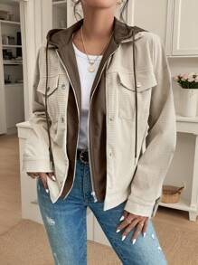 SHEIN Frenchy 女士秋季落肩连帽二合一灯芯绒夹克、加热夹克、保暖、女士服装、秋季、通勤、极简主义、办公室、老款、感恩节、纽扣 - 棕色 - 查看 4