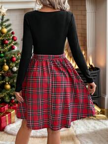 EMERY ROSE Damen Kleid mit Karomuster, Taillengürtel, Rundhalskragen, Langarm, knielang